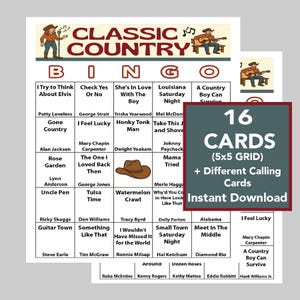 Succès de musique country, musique country classique, bingo musical, téléchargement numérique instantané, 16 cartes de bingo différentes, liste de lecture Spotify incluse
