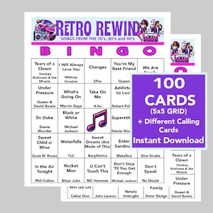 70er, 80er, 90er, Musik, Musikgeburtstag, Retro, Musik Bingo, Sofortiger digitaler Download, 100 verschiedene Bingokarten, Spotify Playlist, 75 Songs