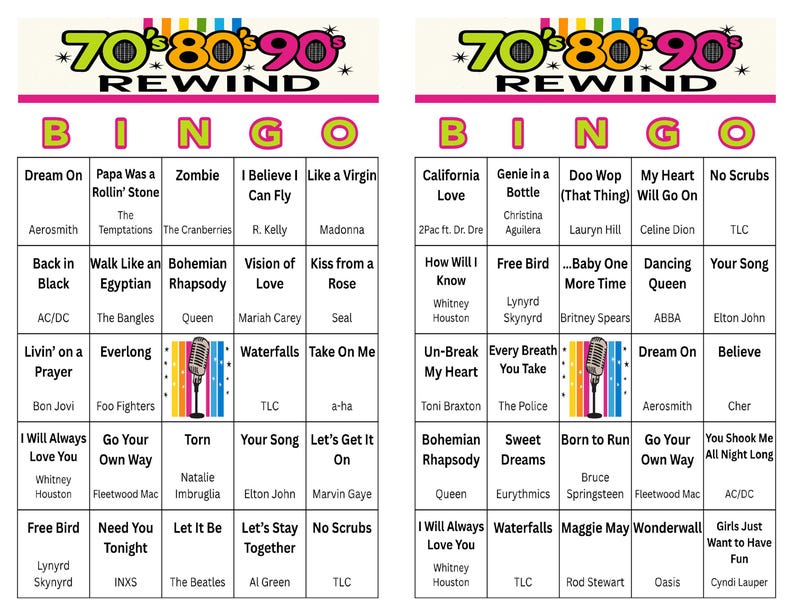 May include: Two bingo cards with a colorful 70s, 80s, and 90s Rewind theme. Each bingo square features song titles and artist names. The top of the card has the text "70's 80's 90's Rewind" in a rainbow design.