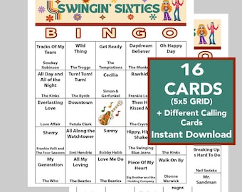 60's Music Hits Bingo Game, 16 Cards (Digital Download)