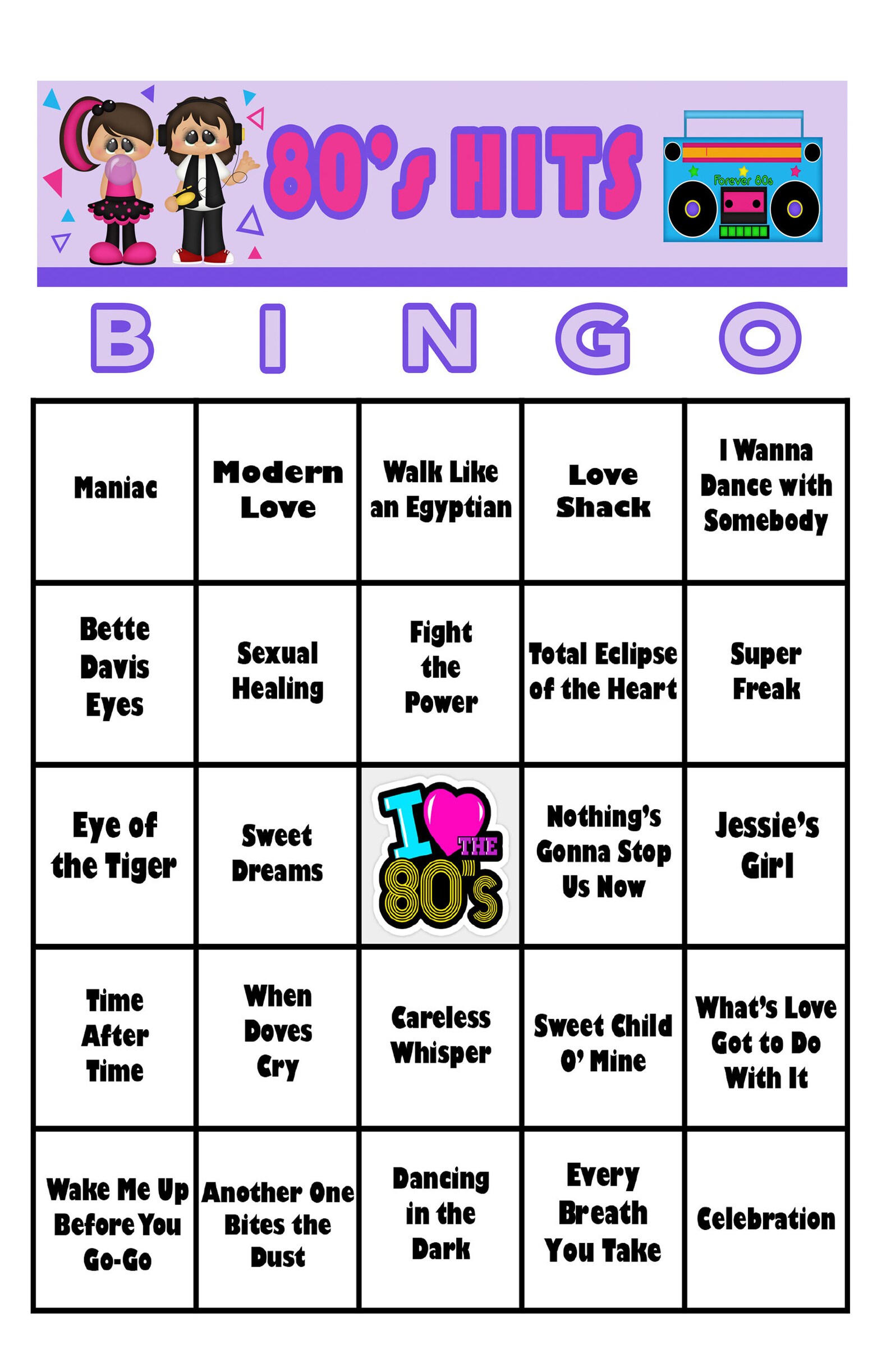 80's Music Hits 30 Bingo cards Download Bingo Games Etsy