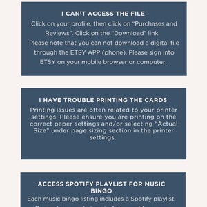 May include: A blue and white graphic with the text "FAQs continued..." and three sections with headings: "I can't access the file", "I have trouble printing the cards", and "Access Spotify playlist for music bingo".