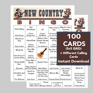 Música country, jogo de bingo de sucessos country, festa de música country, download digital, jogos de bingo, 100 cartões de bingo diferentes, lista de reprodução do Spotify