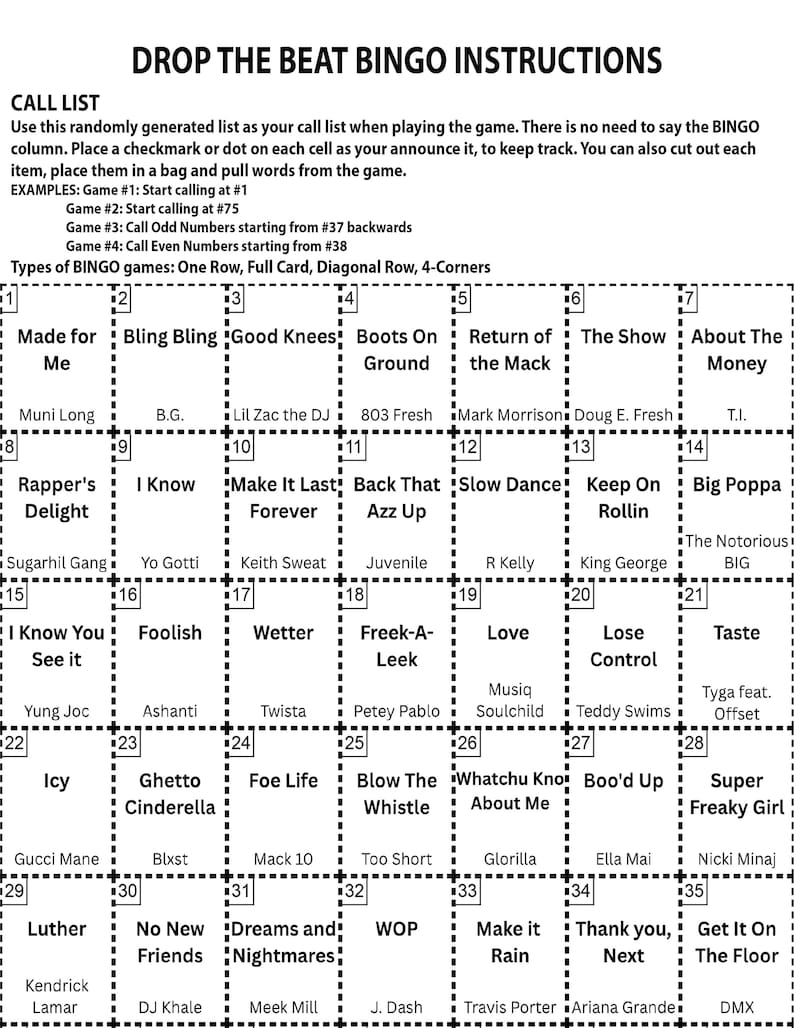 K&ouml;nnte beinhalten: Schwarz-wei&szlig;e Bingo-Karte mit dem Titel "Drop the Beat Bingo Instructions". Die Karte zeigt ein Raster mit verschiedenen Phrasen und K&uuml;nstlernamen, darunter "Made for Me", "Bling Bling" und "Icy". Anweisungen f&uuml;r das Spiel sind ebenfalls enthalten.