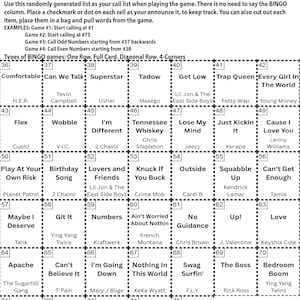 K&ouml;nnte beinhalten: Eine schwarz-wei&szlig;e Bingo-Karte mit dem Titel "Drop the Beat Bingo Instructions". Die Karte enth&auml;lt eine Anrufliste und Beispiele. Die Bingo-Karte hat ein Raster mit verschiedenen Phrasen und K&uuml;nstlernamen.