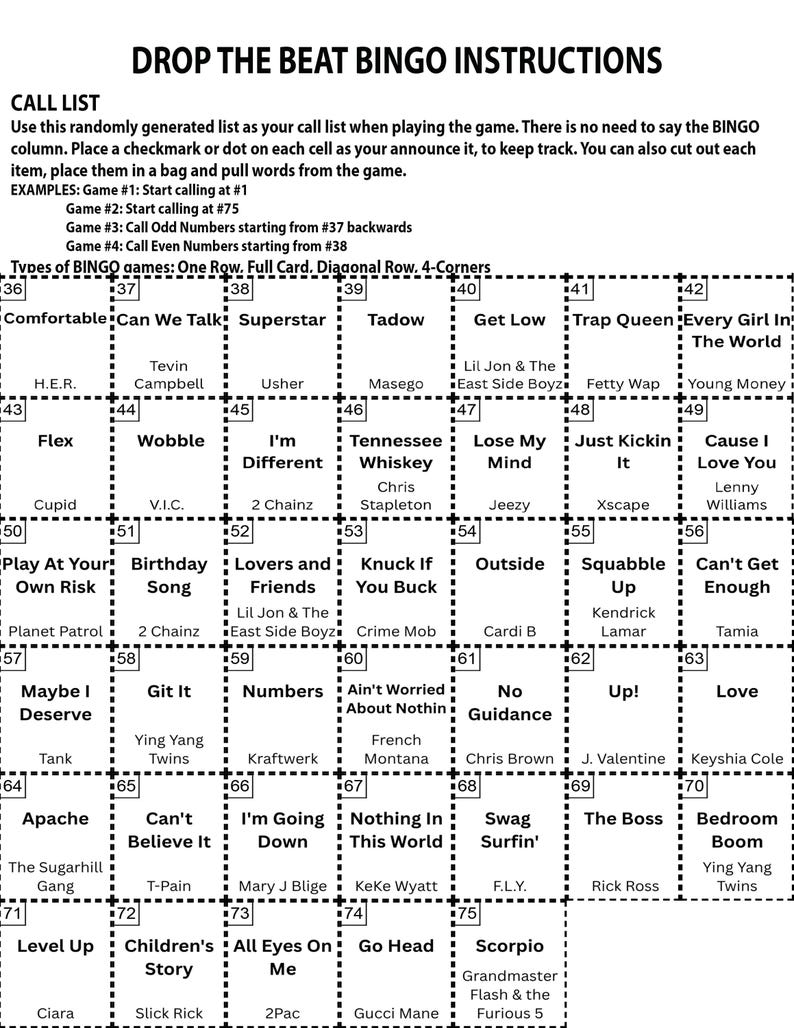K&ouml;nnte beinhalten: Eine schwarz-wei&szlig;e Bingo-Karte mit dem Titel "Drop the Beat Bingo Instructions". Die Karte enth&auml;lt eine Anrufliste und Beispiele. Die Bingo-Karte hat ein Raster mit verschiedenen Phrasen und K&uuml;nstlernamen.