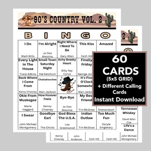 Puede incluir: Un juego de tarjetas de bingo con tem&aacute;tica de m&uacute;sica country. La parte superior de la tarjeta dice "90's Country Vol. 2" con un sombrero de vaquero y un gr&aacute;fico de cactus. El juego incluye 60 tarjetas con una cuadr&iacute;cula de 5x5 y diferentes tarjetas de llamada. Descarga instant&aacute;nea.