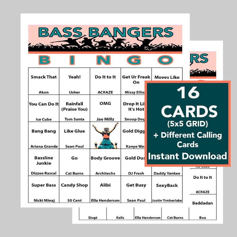 May include: A printable bingo card with a pink and black design. The card features a 5x5 grid with squares filled with popular hip hop songs and artists. The card is titled "Bass Bangers Bingo". The text "16 Cards (5x5 Grid) + Different Calling Cards Instant Download" is in a green box on the right side of the image.