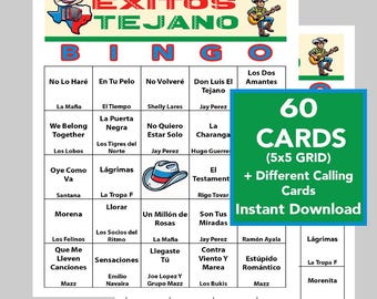 Exitos Tejano, Party Tejano Music, Tex-Mex Music Bingo Games, Instant Digital Download, 60 Different Bingo cards, Spotify Playlist Included
