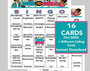 Boy & Girl Band Music Bingo, 90s 2000s 2010s Party Game, Music Bingo Game, Instant Download, Family Party Game, 16 Cards, Music Playlist