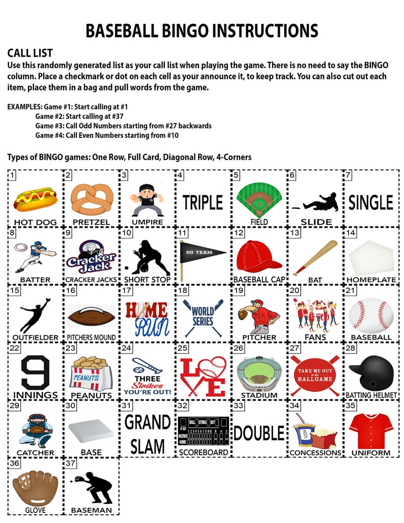 Baseball Bingo Game Sports Bingo Party Bingo Baseball Etsy