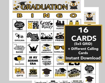 2026 Graduation Bingo Game, Black and Gold, 16 Cards (Instant Download)