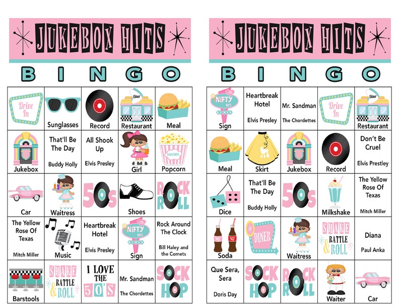 Puede incluir: Una tarjeta de bingo rosa y azul con im&aacute;genes y texto relacionados con la m&uacute;sica y la cultura de la d&eacute;cada de 1950. La tarjeta tiene casillas con im&aacute;genes de una m&aacute;quina de discos, un autom&oacute;vil, un batido, una camarera, un disco, un restaurante, un baile de sal&oacute;n, y m&aacute;s. El texto de la tarjeta incluye t&iacute;tulos de canciones, nombres de artistas y otras palabras relacionadas con la d&eacute;cada de 1950.