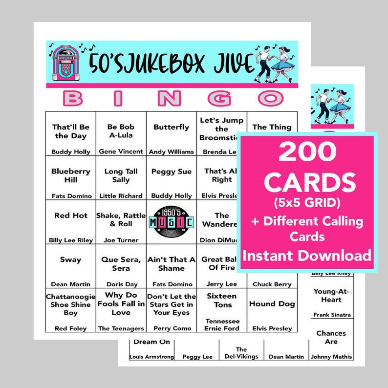 Puede incluir: Un juego de Bingo Jukebox Jive de los a&ntilde;os 50 imprimible con un esquema de color rosa y verde azulado. Las tarjetas de bingo presentan t&iacute;tulos de canciones y artistas de la d&eacute;cada de 1950. La imagen incluye un cuadrado rosa con el texto "200 TARJETAS (CUADR&Iacute;CULA 5x5) + Diferentes Tarjetas de Llamada Descarga Instant&aacute;nea."