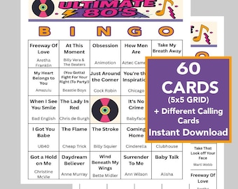 80's Music, 1980's Music Bingo Game, SINGO, 1980's party, Instant Digital Download, 60 Different Bingo cards, Music Playlist Included