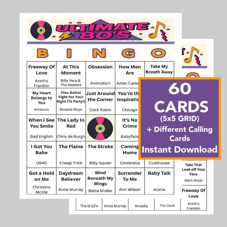 May include: A bingo game set with a retro 80s theme. The game includes 60 cards with a 5x5 grid and different calling cards. The design features a purple and yellow color scheme with musical notes and a vinyl record.