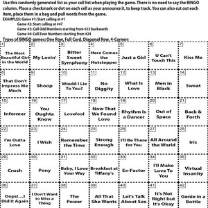 May include: 90s Pop Hits Bingo game instructions with a call list. The bingo card includes song titles like "Just a Girl," "Kiss Me," and "Baby, I Love Your Way." The instructions explain how to play different bingo game types.