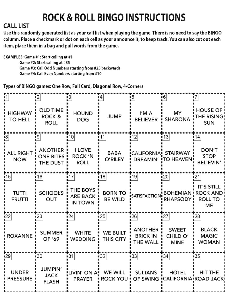 Op de afbeelding: Rock & Roll Bingo instructie met een oproeplijst met songtitels zoals "Highway to Hell" en "Bohemian Rhapsody". Het raster bevat nummers en instructies voor verschillende speltypen. De tekst is zwart op een witte achtergrond.