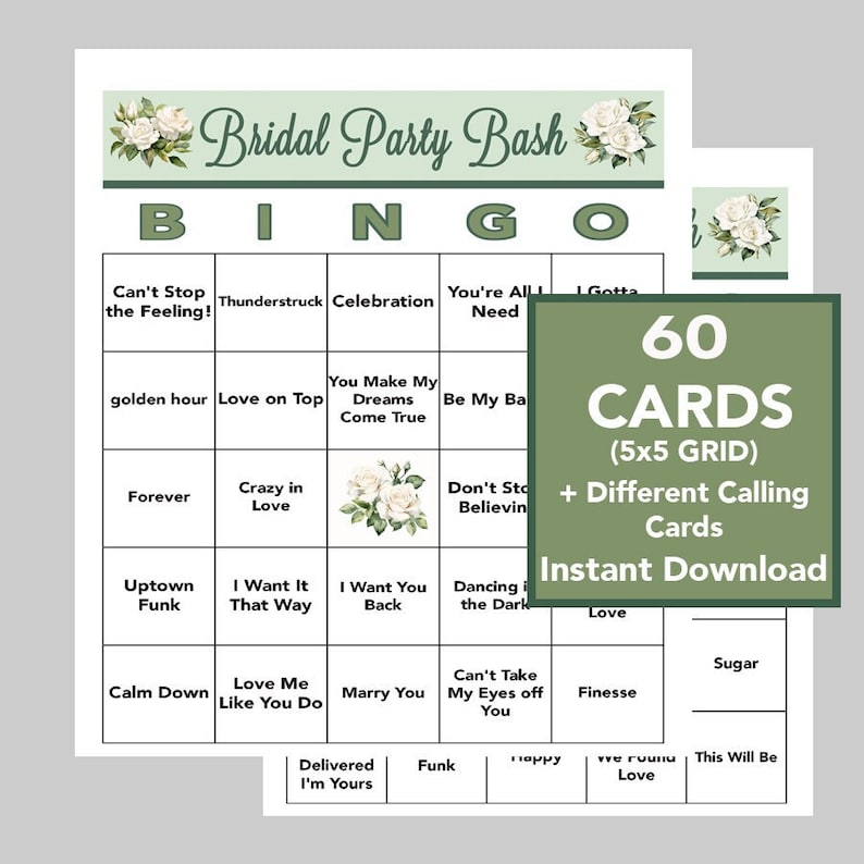 Op de afbeelding: Een printbaar bruiloftbingo-kaartspel met 60 kaarten in een 5x5 raster. De kaarten bevatten songtitels en songteksten die te maken hebben met liefde en bruiloften. De tekst "60 KAARTEN (5x5 RASTER) + Verschillende oproepkaarten Direct downloaden" wordt weergegeven op een groene achtergrond.
