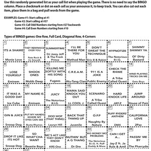 May include: A colorful bingo card with a list of hip hop songs and artists. The card is divided into a 5x5 grid with each square containing a different song or artist. The card is designed for a game of bingo.