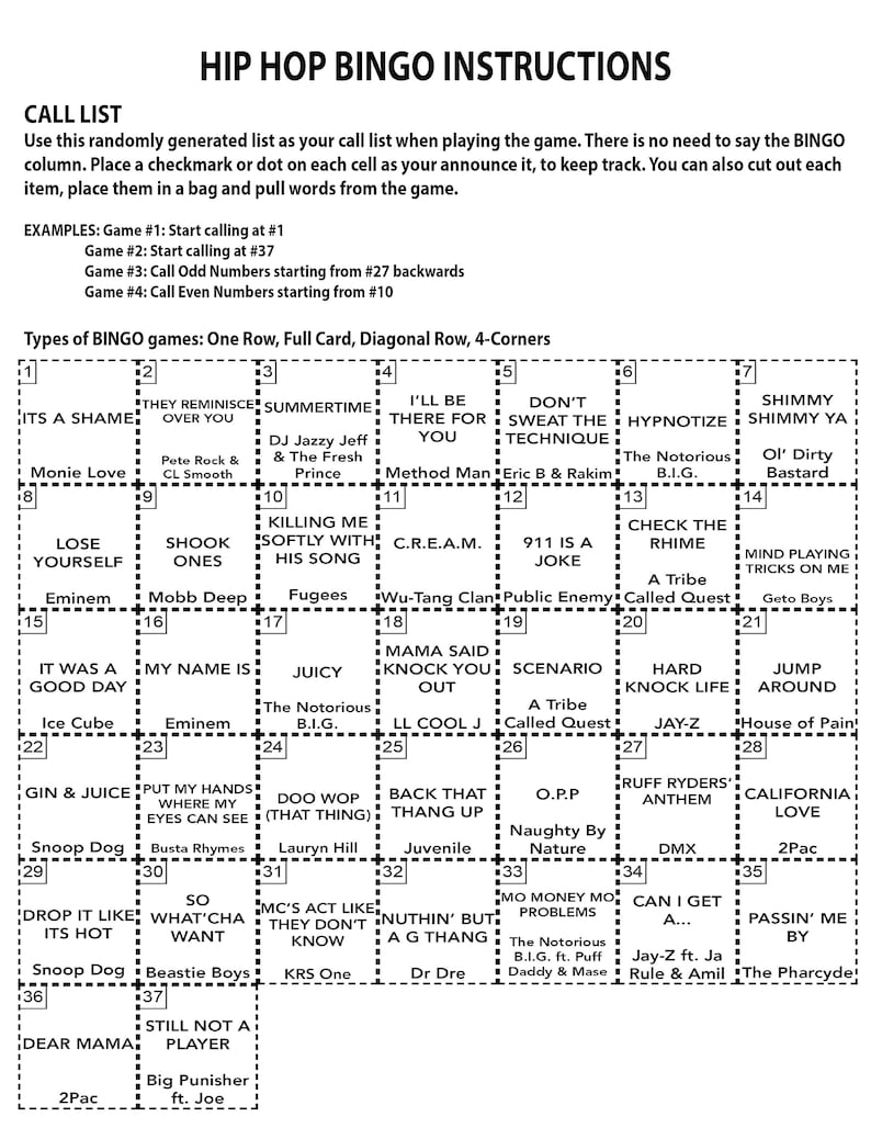 May include: A colorful bingo card with a list of hip hop songs and artists. The card is divided into a 5x5 grid with each square containing a different song or artist. The card is designed for a game of bingo.
