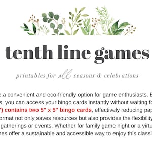 Puede incluir: Fondo blanco con el texto "tenth line games" y "printables for all seasons & celebrations." El texto describe juegos de bingo digitales, cada p&aacute;gina (21,6 cm x 27,9 cm) contiene dos tarjetas de bingo de 12,7 cm x 12,7 cm.