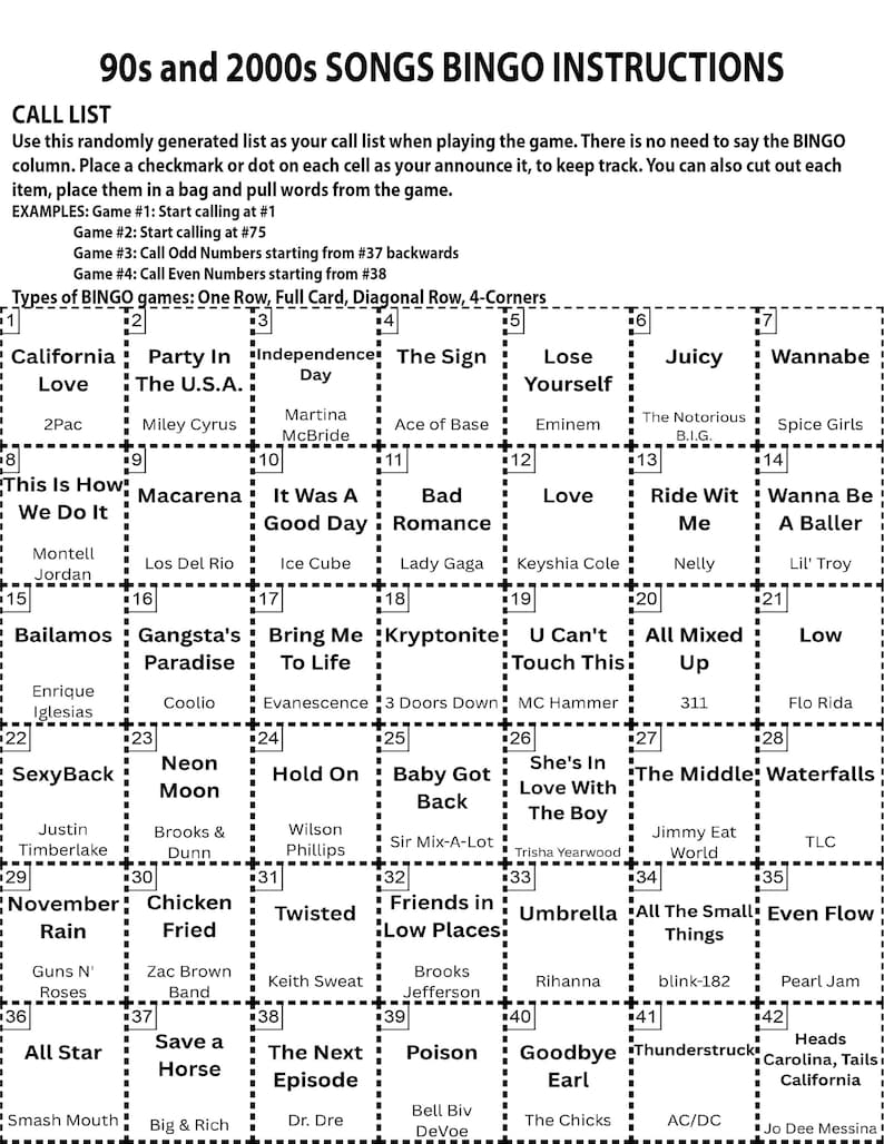 K&ouml;nnte beinhalten: Eine Bingo-Spielkarte mit Songs der 90er und 2000er Jahre mit Anweisungen und einer Anrufliste. Die Karte zeigt ein Raster von Songtiteln und K&uuml;nstlern, darunter Hits wie "California Love" und "Umbrella".
