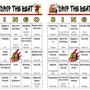 K&ouml;nnte beinhalten: Zwei Bingokarten mit einem roten, schwarzen und goldenen Thema. Das obere Banner lautet "DROP THE BEAT" mit einer Silhouette einer tanzenden Person. Jede Bingokarte hat ein Raster mit Songtiteln und K&uuml;nstlernamen.
