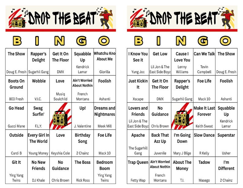 K&ouml;nnte beinhalten: Zwei Bingokarten mit einem roten, schwarzen und goldenen Thema. Das obere Banner lautet "DROP THE BEAT" mit einer Silhouette einer tanzenden Person. Jede Bingokarte hat ein Raster mit Songtiteln und K&uuml;nstlernamen.