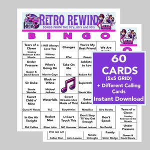 Años 70, 80, 90, Música, Cumpleaños musical, Retro, Bingo musical, Descarga digital instantánea, 60 cartones de bingo diferentes, Lista de reproducción de Spotify, 75 canciones