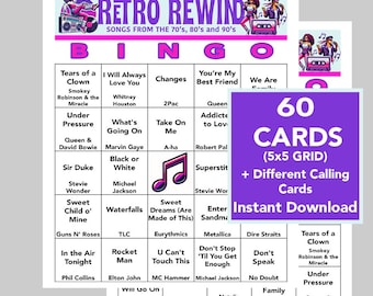 70's, 80's, 90's, Music, Music Birthday, Retro, Music Bingo, Instant Digital Download, 60 Different Bingo cards, Spotify Playlist, 75 Songs