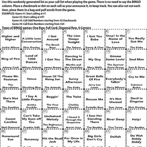 May include: A bingo card featuring a list of 60s groovy hits. The card is divided into a 7x7 grid with each square containing a song title. The squares are numbered 1 through 49. The card is titled "60's Groovy Hits Bingo Instructions".