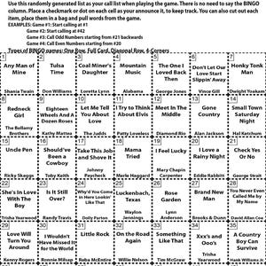 May include: Classic Country Bingo instructions with a call list. The game includes a grid of country music song titles and artists, such as "Honky Tonk Man" and "Willie Nelson."