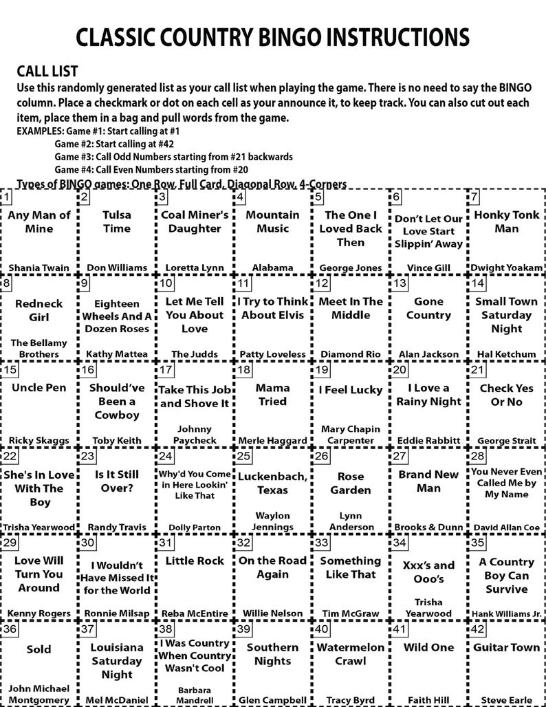 May include: Classic Country Bingo instructions with a call list. The game includes a grid of country music song titles and artists, such as "Honky Tonk Man" and "Willie Nelson."