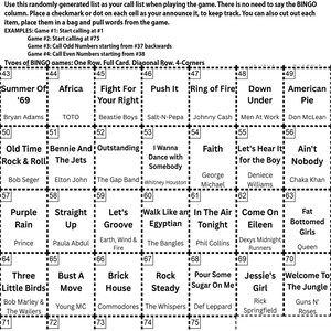 May include: A 70s and 80s Songs Bingo game card with instructions and a call list. The card features a grid of song titles and artists, including "Summer of '69" and "Purple Rain."