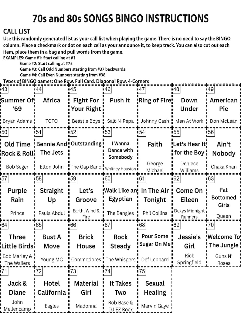 May include: A 70s and 80s Songs Bingo game card with instructions and a call list. The card features a grid of song titles and artists, including "Summer of '69" and "Purple Rain."