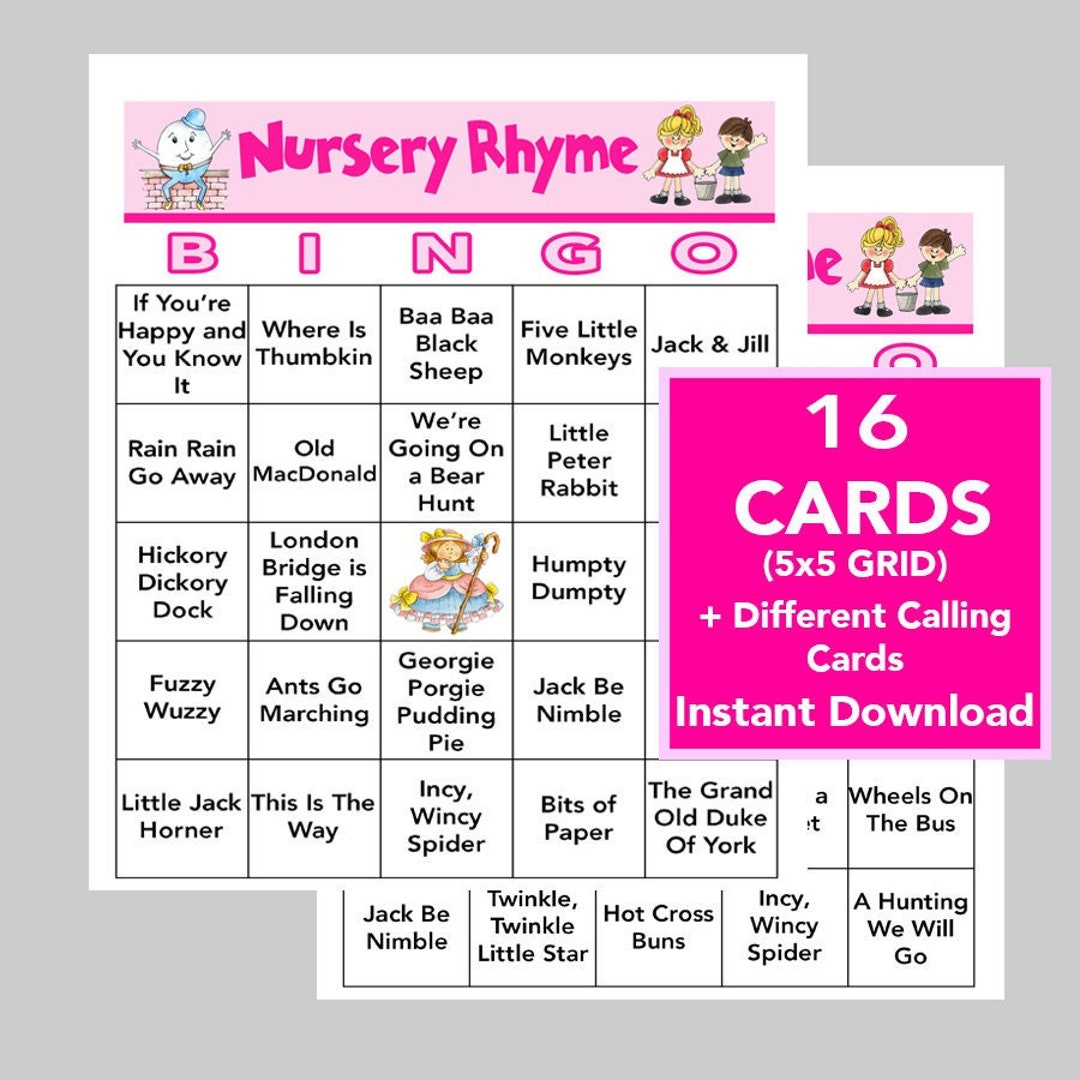 Nursery Rhymes, Nursery Rhyme Bingo, Girl Baby Shower Game, Digital