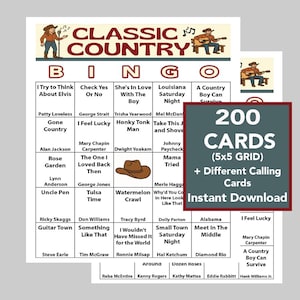 Country Music Hits, Classic Country Music, Music Bingo, Digital Download, 200 Different Bingo cards, Spotify Playlist included, 42 songs