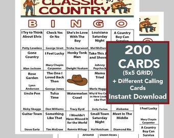 Country Music Hits, Classic Country Music, Music Bingo, Digital Download, 200 Different Bingo cards, Spotify Playlist included, 42 songs