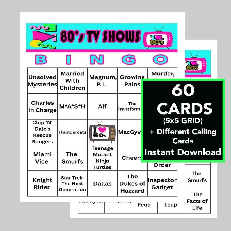 80's Music Hits Bingo Game, 60 Cards, Printable Party Game (Digital Download) image 1