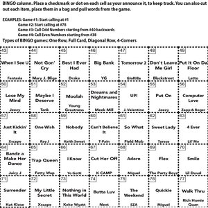 Pu&ograve; includere: Una scheda di bingo in bianco e nero con un elenco di 78 artisti e titoli di canzoni hip hop e R&B. La scheda &egrave; divisa in una griglia 5x5 con ogni quadrato che contiene un artista o un titolo di canzone diverso. La scheda &egrave; etichettata come "Hip Hop and R&B Bingo Instructions".