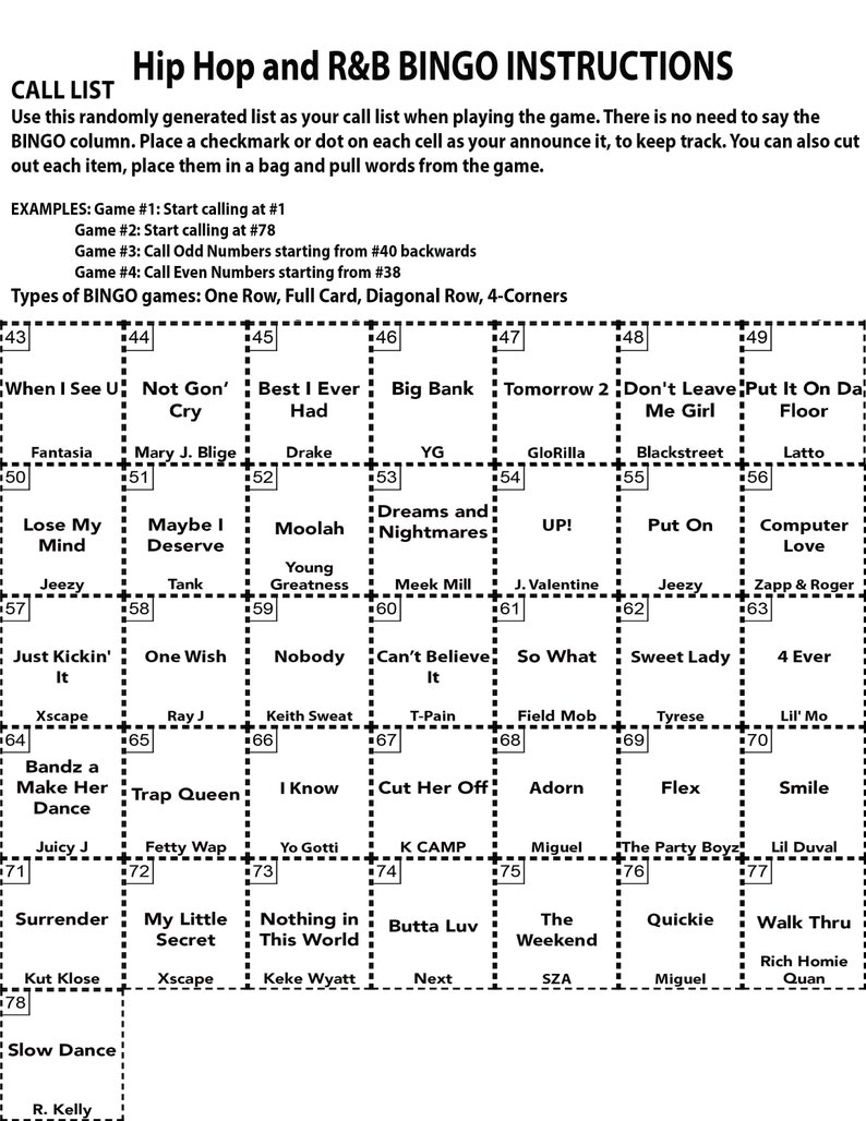 Pu&ograve; includere: Una scheda di bingo in bianco e nero con un elenco di 78 artisti e titoli di canzoni hip hop e R&B. La scheda &egrave; divisa in una griglia 5x5 con ogni quadrato che contiene un artista o un titolo di canzone diverso. La scheda &egrave; etichettata come "Hip Hop and R&B Bingo Instructions".