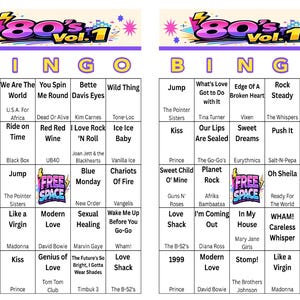 Puede incluir: Dos cartones de bingo con tem&aacute;tica de los a&ntilde;os 80. Cada cart&oacute;n presenta una cuadr&iacute;cula de t&iacute;tulos de canciones de la d&eacute;cada de 1980, con artistas como Madonna y Prince. El t&iacute;tulo "80's Vol. 1" est&aacute; en la parte superior.