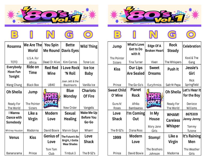Puede incluir: Dos cartones de bingo con tem&aacute;tica de los a&ntilde;os 80. Cada cart&oacute;n presenta una cuadr&iacute;cula de t&iacute;tulos de canciones de la d&eacute;cada de 1980, con artistas como Madonna y Prince. El t&iacute;tulo "80's Vol. 1" est&aacute; en la parte superior.