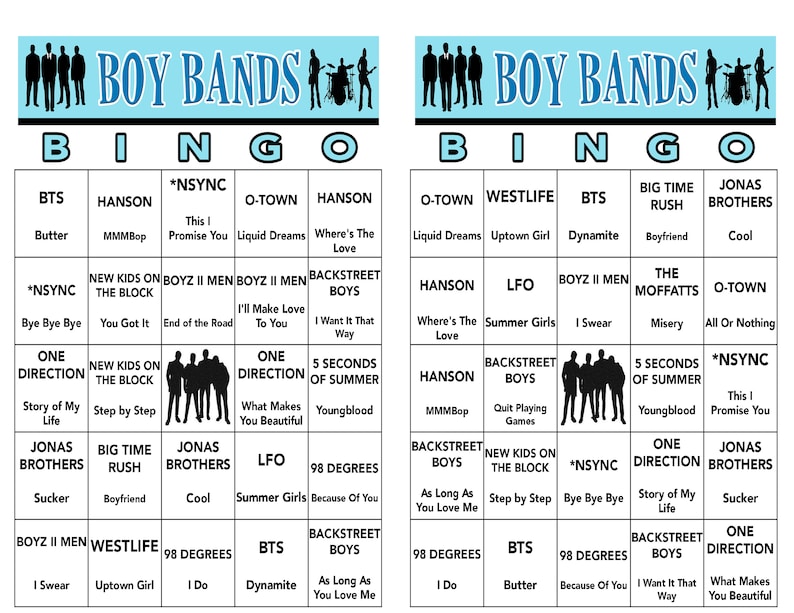 Może przedstawiać: Dwie karty do bingo z jasnoniebieskim nagł&oacute;wkiem z napisem "BOY BANDS". Każda karta zawiera siatkę z nazwami zespoł&oacute;w boysband&oacute;w i tytułami piosenek. Zespoły to m.in. *NSYNC, BTS, One Direction i Jonas Brothers. Karty są przeznaczone do gry.