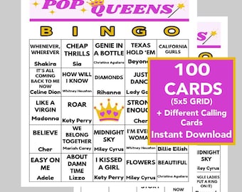POP Queen Music Hits, Female Singers, Queen of Music, Music Bingo, Digital Download, 100 Different Bingo cards, Spotify Playlist Incl.