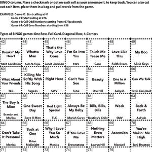 Pu&ograve; includere: Una scheda di bingo in bianco e nero con un elenco di canzoni R&B degli anni '90. La scheda &egrave; divisa in una griglia 6x6 con ogni quadrato che contiene un titolo di canzone. La scheda &egrave; intitolata "Istruzioni per il Bingo R&B degli anni '90".