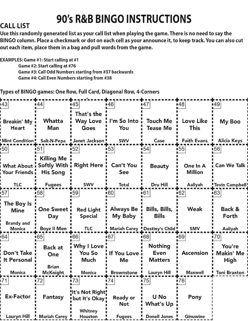 Pu&ograve; includere: Una scheda di bingo in bianco e nero con un elenco di canzoni R&B degli anni '90. La scheda &egrave; divisa in una griglia 6x6 con ogni quadrato che contiene un titolo di canzone. La scheda &egrave; intitolata "Istruzioni per il Bingo R&B degli anni '90".