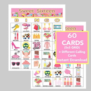Sweet 16, Sweet 16 Party, Sweet 16 Bingo Spiel, 60 Verschiedene Karten, Digital Download, Bingo Spiele, Druckbare Spiele, Spaß Geburtstagsparty