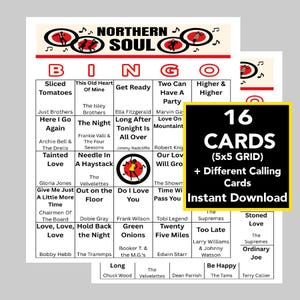 May include: A pack of 16 Northern Soul Bingo cards with a 5x5 grid, featuring song titles and artist names. The cards have a black and white design with red accents, and the words "Instant Download" are visible.